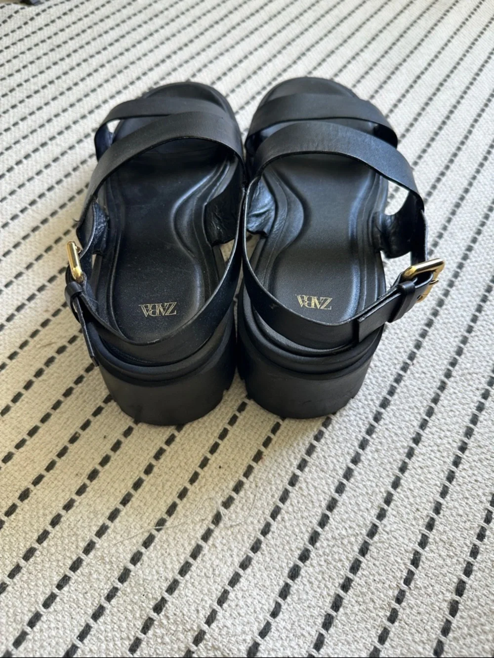 Zara Black Double-Strap Leather Sandals with Gold Buckle - Picture 4 of 4